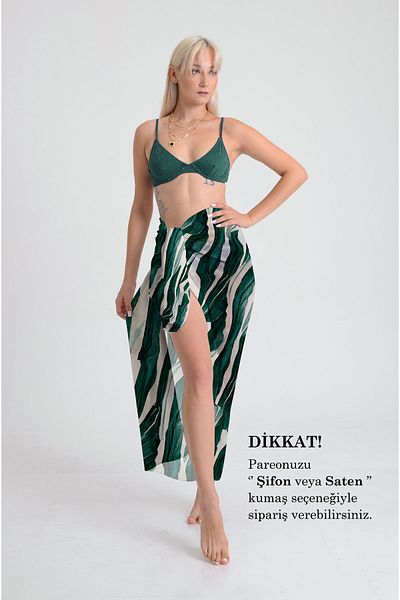 DESENİX Artistic Leaf Print Pareo - 100X145 cm - Silky Chiffon & Luxury Satin Fabric Option- Beach Dress