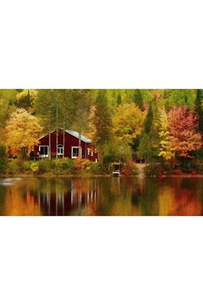 ve Tablou Canvas,Toamna, Casuta pe malul lacului, 80 x 50 cm, Rama lemn, Mult...