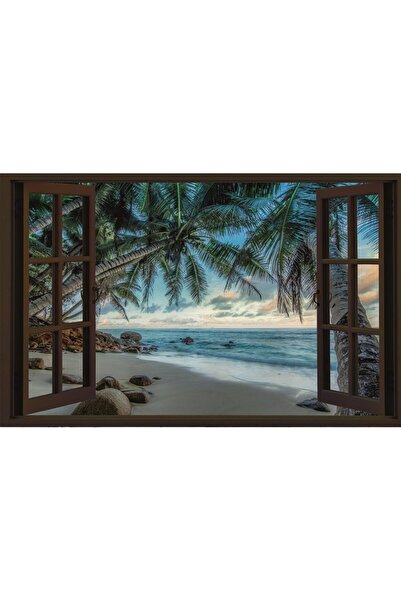 ve Tablou Canvas, Peisaj, Fereastra, Palmieri, Plaja, Ocean, 80 x 50 cm, Rama...