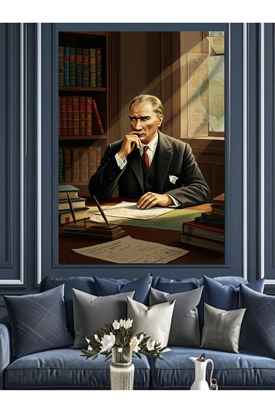 Tablomega Mustafa Kemal Atatürk Study Room Decorative Canvas - Mdf Wooden Painting