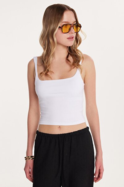 Tudors Women's Slim Fit Slim Fit Thin Strap Square Neck White Crop Tank Top