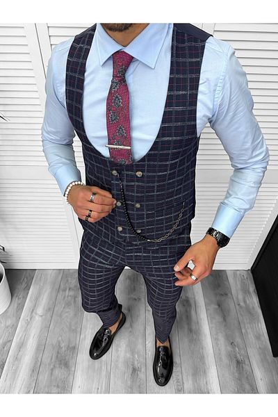 dehaine Men's suit, pants plus vest, navy blue, b5539