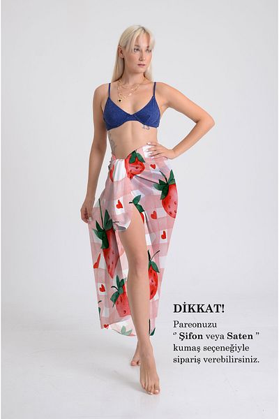 DESENİX Plaid Strawberry Print Pareo - 100X145 cm - Silky Chiffon & Luxury Satin Fabric Option - Beach Dress