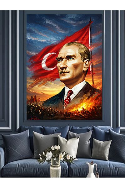 Tablomega Mustafa Kemal Atatürk and Flag Pride Decorative Canvas - Mdf Wooden Painting
