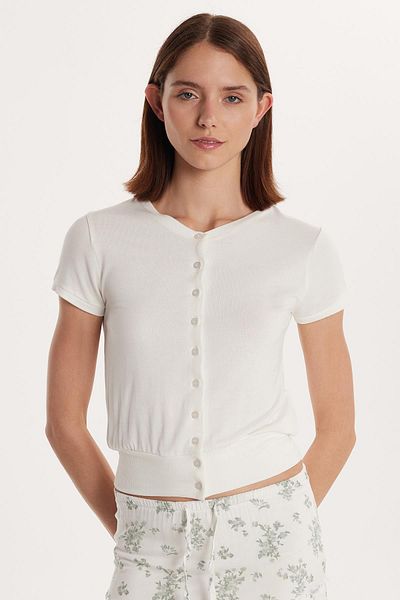 Tudors Women's Slim Fit Slim Fit Short Sleeve Crew Neck Buttoned Ecru Cardigan