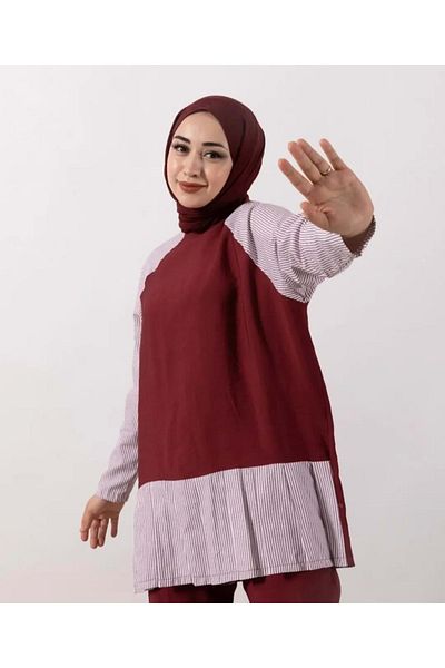 Rumella 25Y4282 Suit Tunic Trousers Sleeves Striped Burgundy