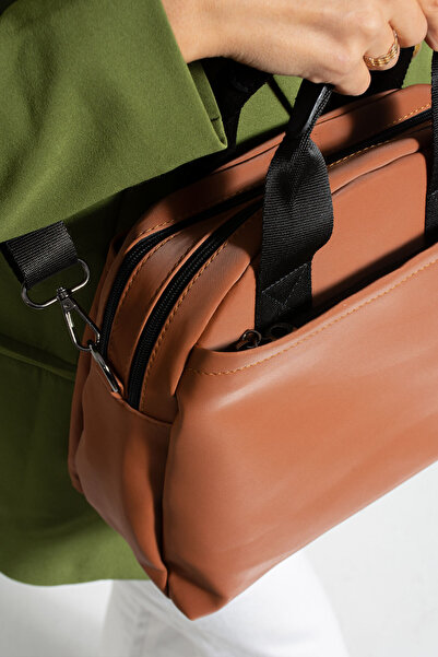 Sanmorris 1389 Women's Multi-Eye Faux Leather Adjustable Cross Strap Hand and Shoulder Bag Tan-Black