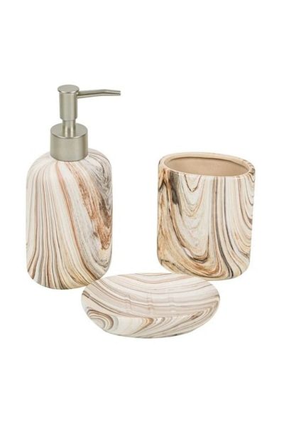 BREZIUM Bathroom accessories set, marble-look ceramic, 3 pieces