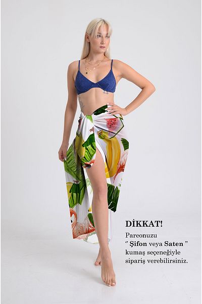 DESENİX Flamingo and Tropical Fruitspattern Pareo - 100X145 cm - Silky Chiffon & Luxury Satin Fabric Option