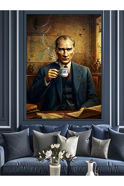 Tablomega Mustafa Kemal Atatürk and Coffee Decorative Canvas - Mdf Wooden Painting