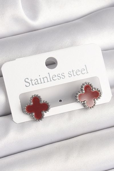 Clariss Brass Silver Color Claret Red Clover Model Women's Earrings