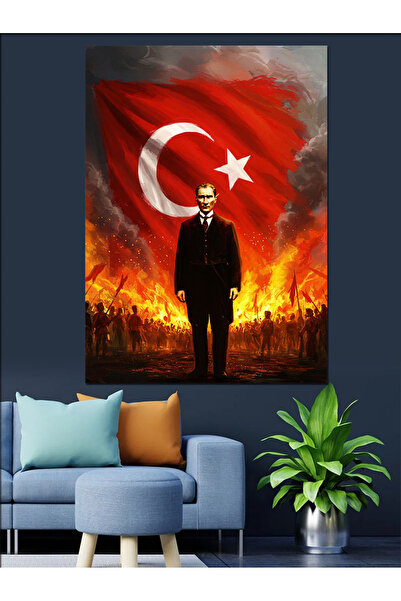 KanvasSepeti Mustafa Kemal Atatürk și steagul pictură în ulei texturată de în...
