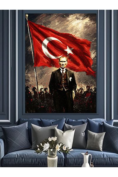 Tablomega Mustafa Kemal Atatürk and Flag Decorative Canvas - Mdf Wooden Painting