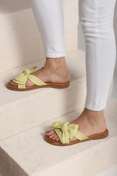 Deriderim Green Genuine Leather Sole Brown Soft Genuine Leather Women's Summer Slippers