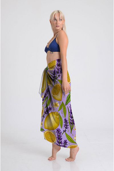 DESENİX Lavender and Lemon Print Pareo - 100X145 cm - Silky Chiffon & Luxury Satin Fabric Option - Beach Dress