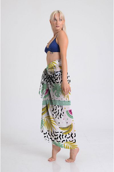 DESENİX Tropical Leaves and Fruits Pattern Pareo - 100X145 cm - Silky Chiffon & Luxury Satin Fabric Option