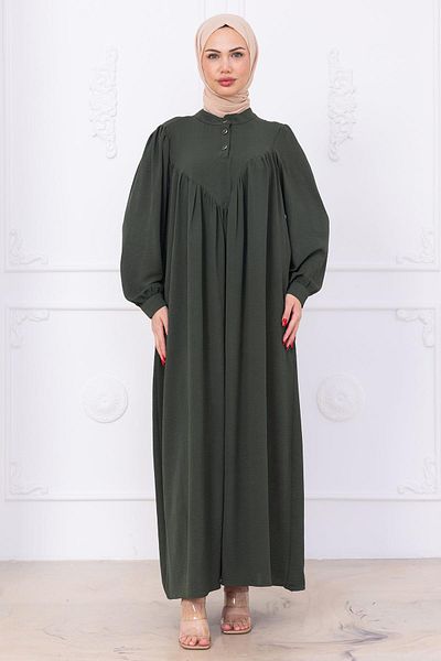 hafsamina Buttoned Front Eva Hijab Dress Khaki Hm2757