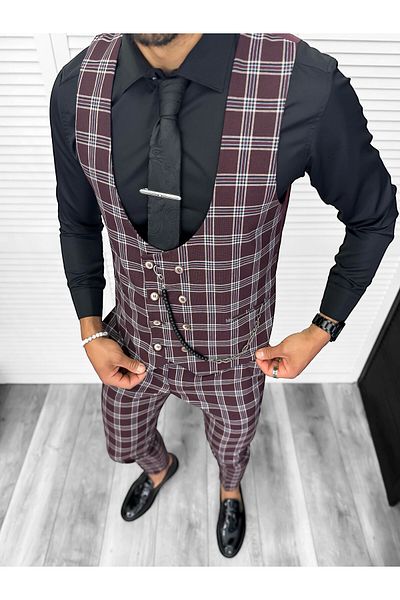 dehaine Men's casual suit, pants with vest, plaid, 13186, burgundy