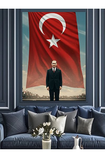 Tablomega Mustafa Kemal Atatürk Decorative Canvas in Front of the Flag - Mdf Wooden Painting