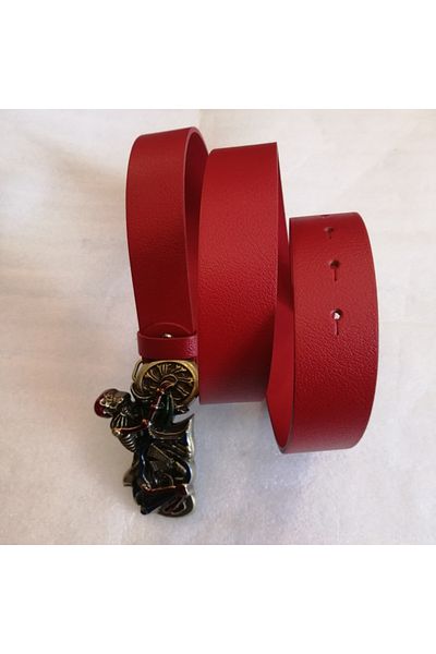 Butik Tülin Unisex Authentic Genuine Cowhide Leather Red Bronze Motor Ride Skeleton Cowboy Buckle Belt Thailand