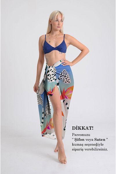 DESENİX Modern Botanical Print Pareo - 100X145 cm - Silky Chiffon & Luxury Satin Fabric Option - Beach Dress