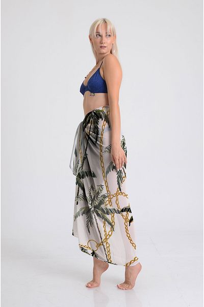 DESENİX Palm and Chain Print Pareo - 100X145 Cm- Silky Chiffon & Luxury Satin Fabric Option- Beach Dress