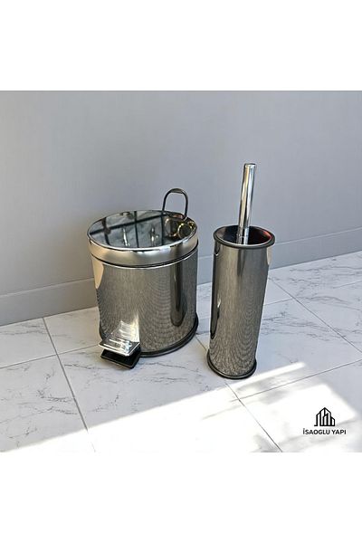 İSAOĞLU YAPI Bathroom Dustbin Toilet Bowl Brush Set Stainless Material Bucket and Brush with Lid