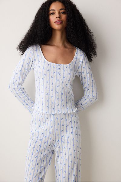 Penti Tricou Pointel imprimat cu trandafiri Top de pijama alb