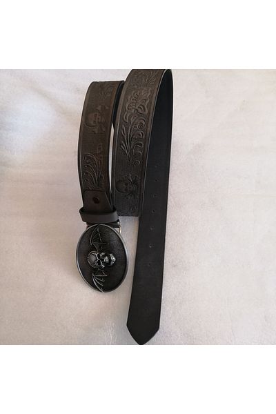 Butik Tülin Unisex Authentic Faux Leather Gray Leaf Skeleton Print Silver Bat Skull Cowboy Buckle Belt Thailand
