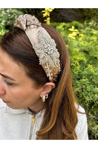 ByMerve Brodat manual din satin culoare nurcă flori strălucitoare broderie de piatră rochie de seară invitație de logodnă coroană de păr pentru femei