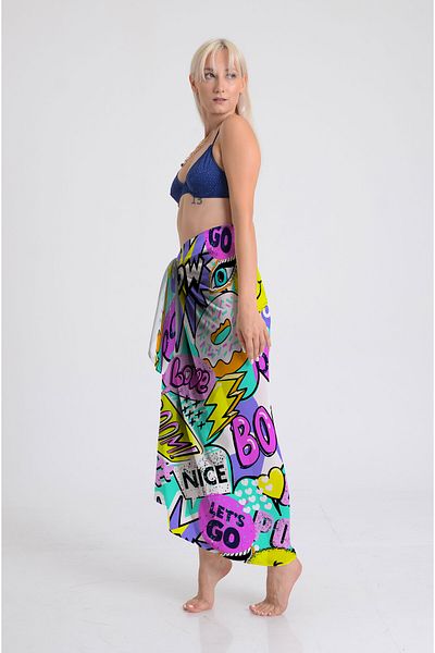 DESENİX Pop Art Explosion Pattern Pareo - 100X145 Cm- Silky Chiffon & Luxurious Satin Fabric Option- Beach Dress