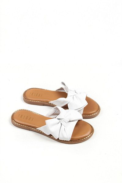Deriderim White Genuine Leather Sole Brown Soft Genuine Leather Women's Summer Slippers