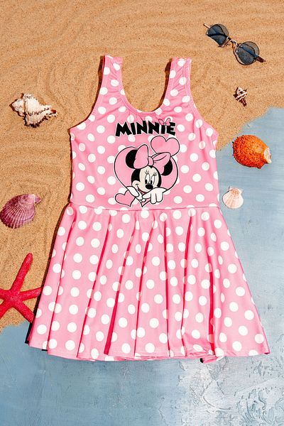 Beniizle Girl's Swimsuit with Score Pattern Skirt