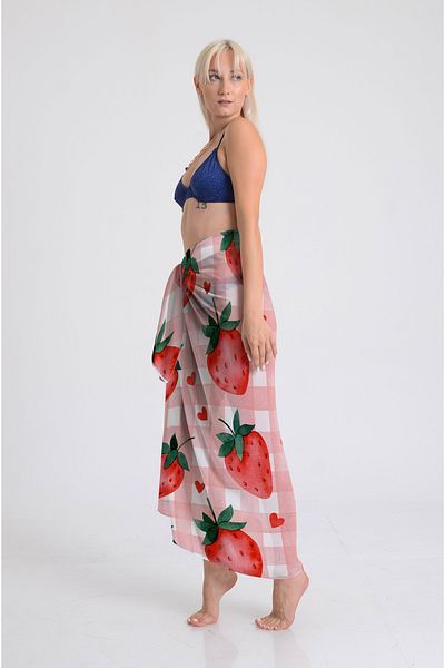 DESENİX Plaid Strawberry Print Pareo - 100X145 cm - Silky Chiffon & Luxury Satin Fabric Option - Beach Dress