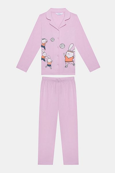 Penti Set de pijamale pentru fete din bumbac Volleybunny, cămașă cu nasturi alb