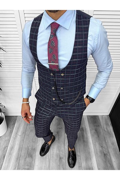 dehaine Men's suit, pants plus vest, navy blue, b5539