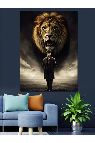 ekart Aslanla Ve Mustafa Kemal Atatürk Dekoratif Kanvas - Mdf Ahşap Tablo