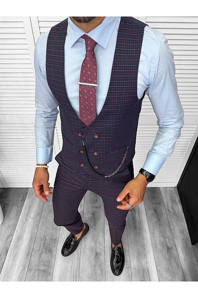 dehaine Men's casual suit, pants with vest, plaid, 13187, navy blue