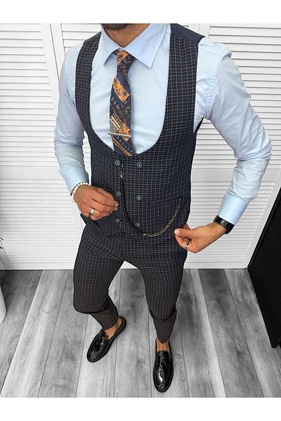 dehaine Men's suit, pants plus vest, navy blue, 13154