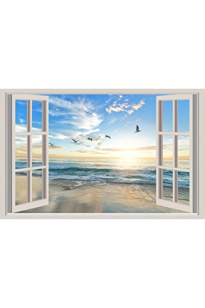 ve Tablou Canvas, Peisaj, Fereastra, Mare, Plaja, Pescarusi, 80 x 50 cm, Rama...