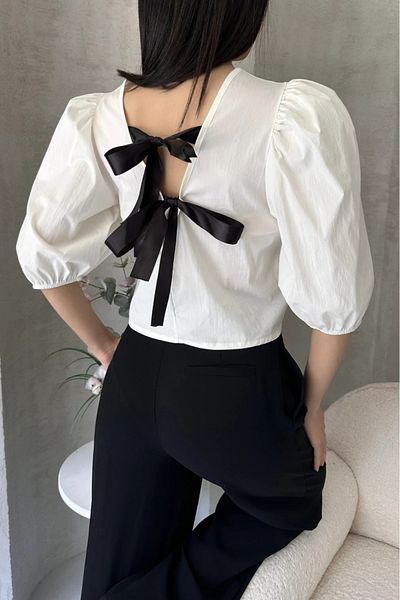 Nisa Luxury Boutique Watermelon Sleeve Back Bow Detailed Poplin Blouse