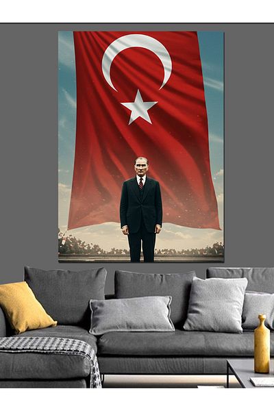 Tablomega Mustafa Kemal Atatürk Decorative Canvas in Front of the Flag - Mdf Wooden Painting