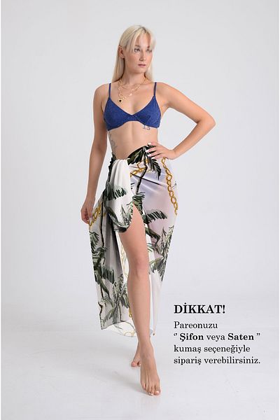 DESENİX Palm and Chain Print Pareo - 100X145 Cm- Silky Chiffon & Luxury Satin Fabric Option- Beach Dress