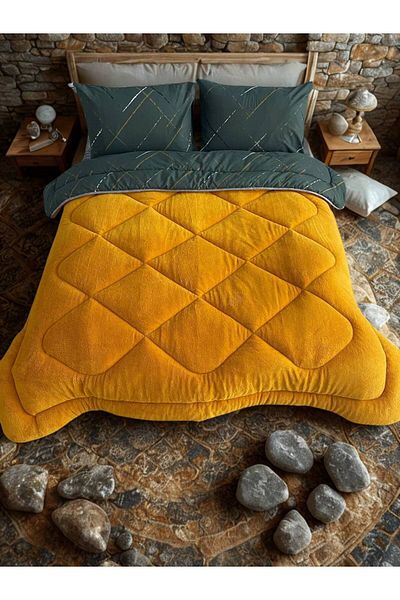 Sudemhome King Size Double Sided Luxury Welsoft Quilt Fluffy Soft Fleece Quilt Pillowcase Reflection Mustard