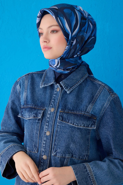 Belli Eșarfă din mătase pură 4107D02 (mătase Sura) 90 x 90 bleumarin