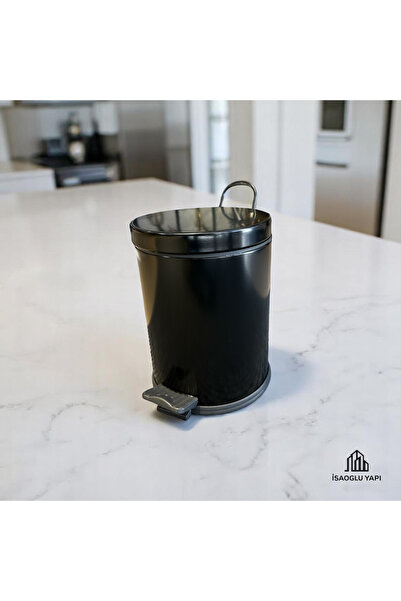 İSAOĞLU YAPI Black Trash Can and Toilet Bowl Brush Steel Material Stainless Set
