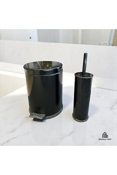 İSAOĞLU YAPI Black Trash Can and Toilet Bowl Brush Steel Material Stainless Set