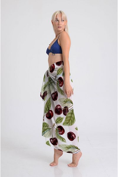 DESENİX Cherry Garden Pattern Pareo - 100X145 cm - Silky Chiffon & Luxury Satin Fabric Option - Beach Dress