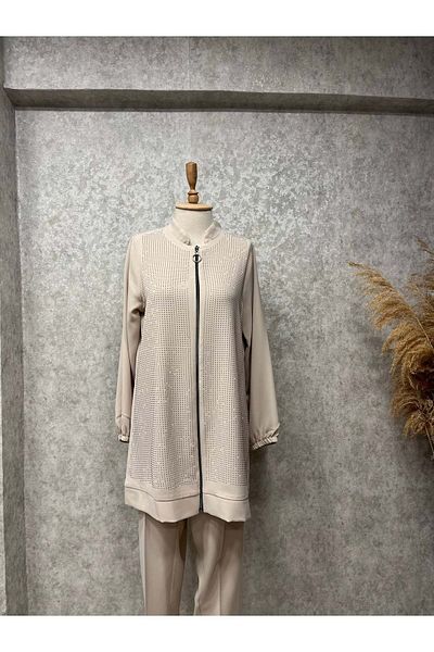 QETEN 25Y7833 Suit Tunic Trousers Bomber Zipper Stone Printed Beige
