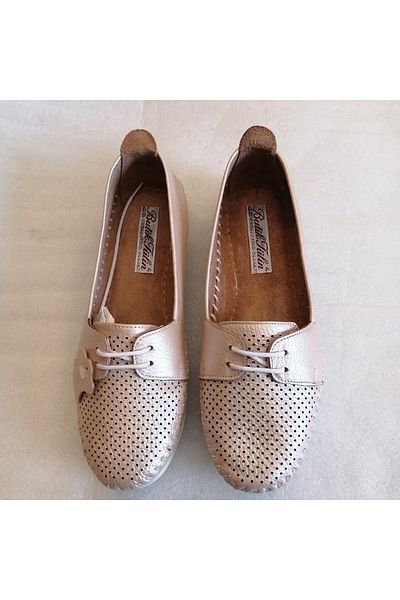 Butik Tülin Women's Genuine Cowhide Powder Hand-Stitched Perforated Soft Comfortable Flexible Rubber Sole Lace-Up Loafer